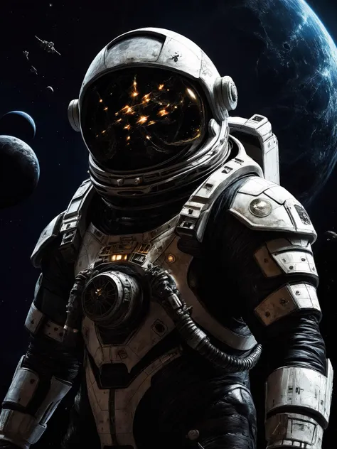 Space Commander Rofnagzhul of planet Ishukari, in armored space suit, scruting the progression of hisspaceships in the ongoing battle, Dark art in the style of Nicola Samori