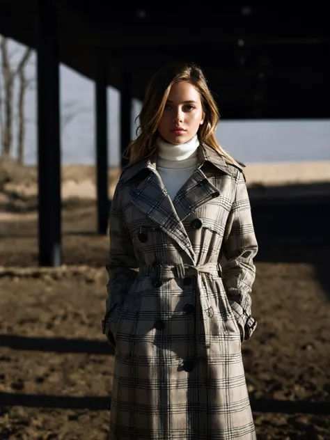 beauty photo of a beautiful young woman, awe, plaid trench coat with a turtleneck sweater dress, face, under chiaroscuro, ground level, shot on a Leica T