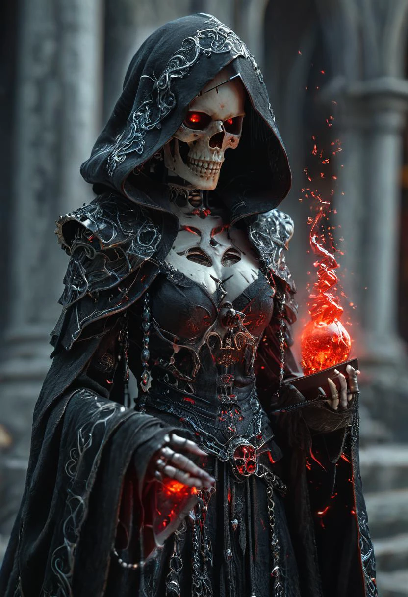 (photo realistic), young death sorceress, skull with red glowing eyes, ((long black robe with hood and intricate white trim)), hourglass in right hand, (high details, highly detailed, masterpiece, beautiful:1.2), black void in background, <lora:detailed_notrigger:1>, dynamic pose, cinematic shot, hkmagic, <lora:Fantasy_Wizard__Witches_SDXL:0.9>,