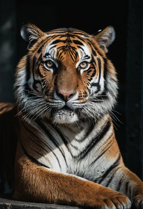 tiger,look at viewer,sitting with head up,majesty,medium shot,ultra-detailed eyes,intricate details,detailed texture,light source contrast,dramatic shadows,Cinematic Light,Depth of field,film grain,noise,dark background,<lora:add-detail-xl:0.8>,
