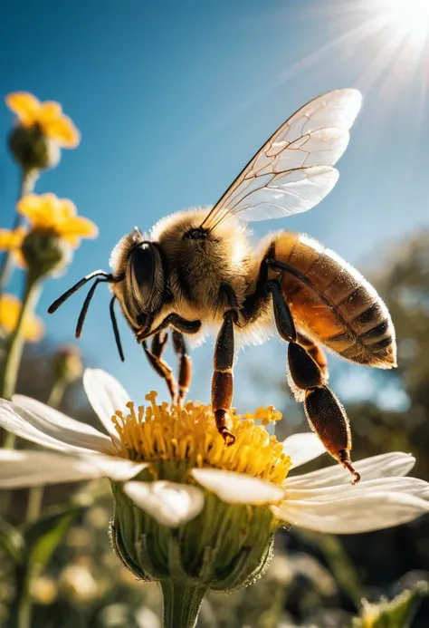 amazing shot of a bee,full body,view from side,(wide angle shot:1.4),in day light,flowers,antennae,ocelli,compound eyes,mouthparts,shiny wings,sunlight reflection,perfectly composed,intricate details,detailed texture,light source contrast,dramatic shadows,Cinematic Light,rim light,Depth of field,film grain,<lora:add-detail-xl:0.8>,