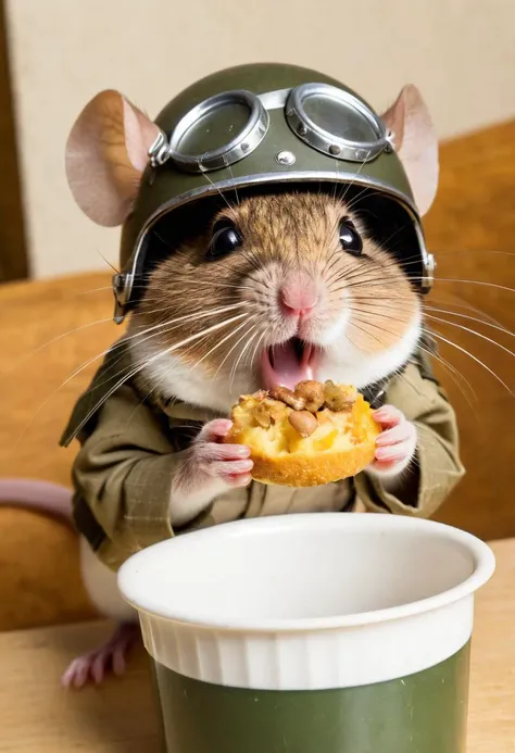 a mouse,wearing WW2 pilot helmet,being caught in camera when stealing food,shocked face,mouth open,panic,