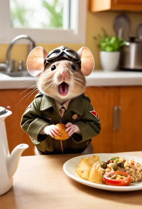 a cute mouse,dressed like WW2 pilot,being caught in camera stealing food,in kitchen,shocked face,mouth open,panic,cartoon,realistic photo,