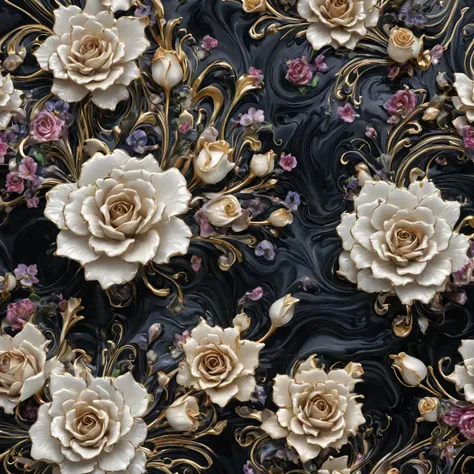 dark porcelain flowers on a table, roses, tulpes, inside swirl splashes waves, crazy geometry, masterpiece, fluid, flora, muted colors, pearl, gold, luxurious, extremely detailed