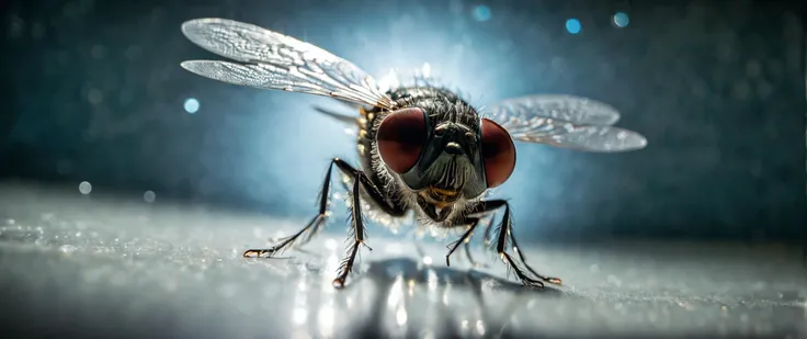 I saw a fly,stealing,(fisheye shot:1.3),compound eyes,side view,mouthparts,shimmering tranparent wings,intricate details,indoor,light source contrast,dramatic shadows,Cinematic Light,rim light,<lora:MJ52:0.5>,