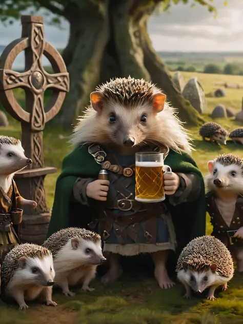 award winning film still of  ((little hedgehog as celtic druid wearing druidic clothes)) standing next to celtic cross surrounded by (group of armored hedgehogs) as celtic warriors, party, drinking beer from tankards, menhirs, celtic village, 8K, best quality, full sharp, highly detailed, extreme quality, cinematic grain