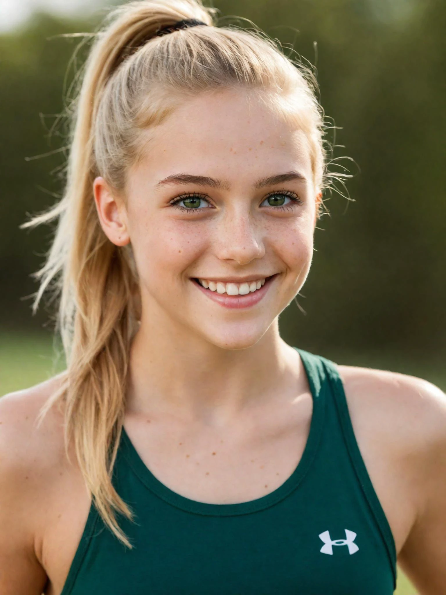 portrait of an athletic girl, dark green eyes, excited smile, tank top, freckles, skin details, amateur candid photo, blonde ponytail