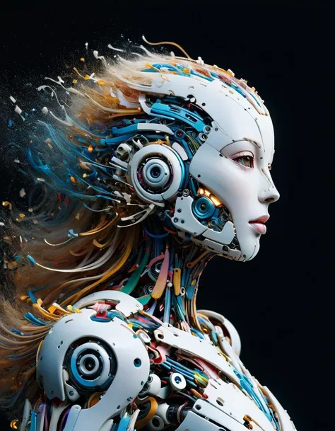 A futuristic side portrait of a humanoid robot. The robot's body is made of translucent materials,and its internal structure is clearly visible,including circuit boards and light-emitting elements. The robot has soft facial features with feminine features,including long hair and breasts. The robot's head and neck are structurally complex,with many connecting points and lines,suggesting its precise construction and possible versatility. High-tech and futuristic living concepts,cold and mechanical beauty,bioluminescence,fiber optics,masterpieces,octane rendering,unreal engine <lora:ral-drptpl:1> ral-drptpl