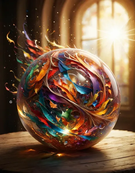 sparkling magical fantasy Magical orb, made out of transparent multicolored glass, light shines through, magical artifact, very detailed, amazing quality, intricate, cinematic light, highly detail, beautiful, surreal, dramatic, warm colors <lora:ral-drptpl:1> ral-drptpl