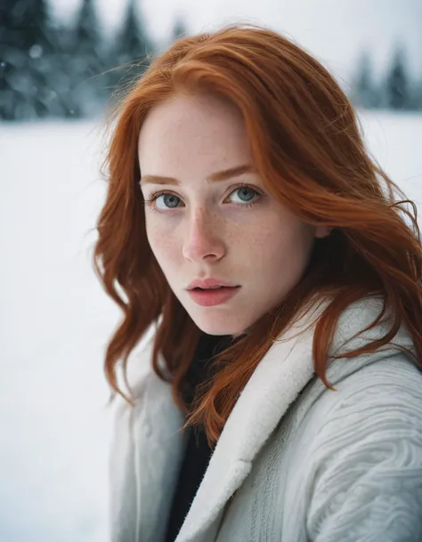 analog raw candid photo of a beautiful young woman, realistic skin texture, red hair, closed mouth, erotic, haze lighting, winter, snow, 35mm, 8k, UHD, masterpiece