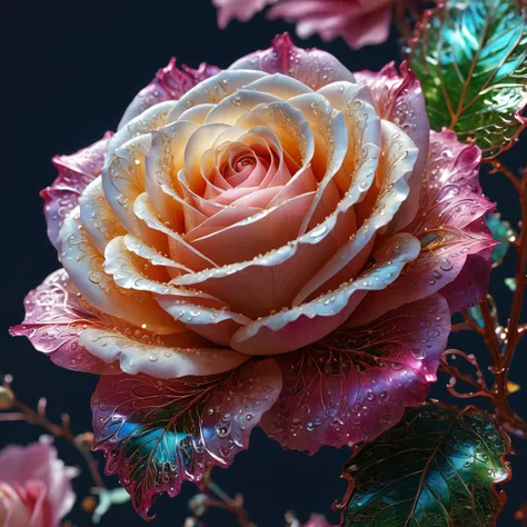 A angelic mythical twisted lucid rose, with many glowing intricate transparent leafs. symmetrical hyperdetailed limpid texture, transparent pearl colors, pearl filigree, concept art, artstation, perfect composition, masterpiece, glittering professional photography, macro, natural lighting, canon lens, shot on dslr 64 megapixels sharp focus ethereal, Hyperrealistic, splash art, concept art, mid shot, intricately detailed, color depth, dramatic, side light, colorful background.