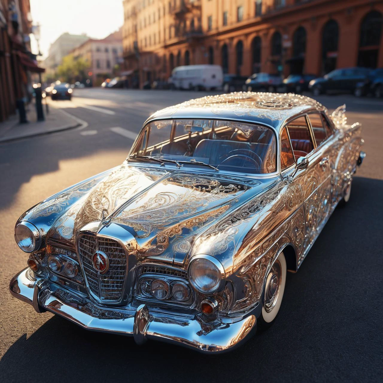 a angelic mythical transparent car with glowing intricate transparent body, symmetrical hyperdetailed texture, pearl filigree, concept art, artstation, alice x. zhang, Andreas lie, perfect composition, masterpiece, glittering professional photography, macro, natural lighting, canon lens, shot on dslr 64 megapixels sharp focus ethereal, Hyperrealistic, splash art, concept art, mid shot, intricately detailed, color depth, dramatic, side light, colorful background