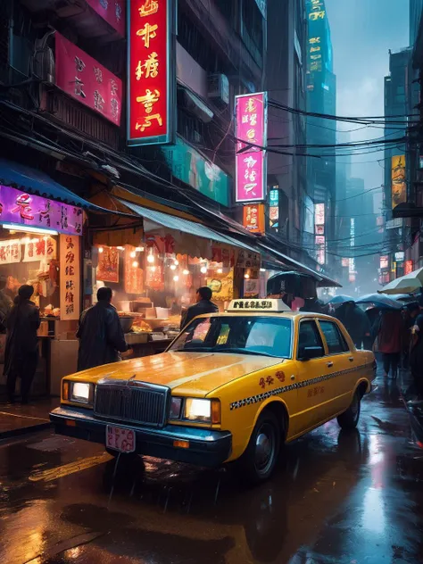 (((photographic, photo, photorealistic))), extremely high quality and high detail, RAW color photo, cyberpunk, dystopian mega city, rainy night, neon signs and holographic advertisements illuminating the wet streets, crowds navigate through the bustling scene, steam rising from a weathered ramen stall under a flickering neon sign, glowing chopsticks stirring steaming pots of ramen, a sleek, chrome taxi navigates the traffic with glowing headlights, towering skyscrapers pierce the rain clouds, casting long shadows, rain reflects the city lights on the pavement, creating a kaleidoscope of color, sense of constant movement and vibrant energy, despite the oppressive atmosphere. Include a grimy ramen vendor with glowing tattoos under the stall's flickering lights.