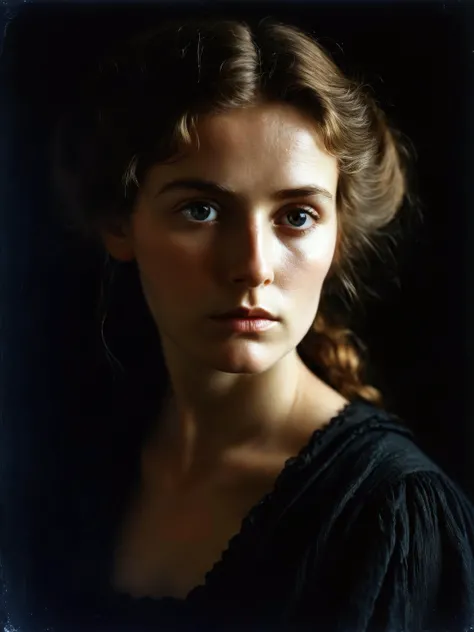 (Soft Lighting Photography by Mimoza Veliu and Mario Giacomelli:1.2), feverish pretty irish peasant woman in the 19th century, side soft light, dark environment, black over black, highly detailed