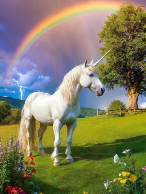 enchanted meadow with a lone unicorn and a rainbow arching overhead