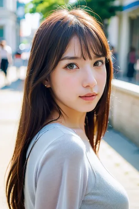 (photorealistic:1.8),
close up portrait of a woman, Ash blonde hair, A-line haircut, Blouse,
extremely detailed clothes,
as a fashion model, on the city street, random people, model shot as for Instagram post
