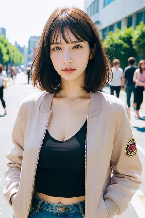 (photorealistic:1.8),
close up portrait of a woman, Ash blonde hair, A-line haircut, Bomber Jacket,
extremely detailed clothes,
as a fashion model, on the city street, random people, model shot as for Instagram post