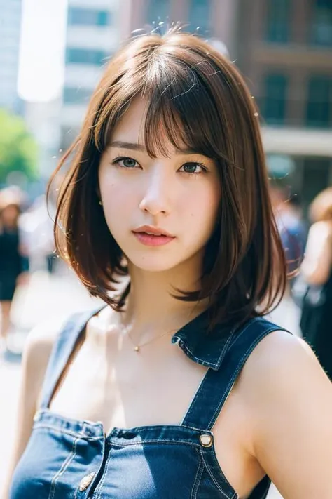 (photorealistic:1.8),
close up portrait of a woman, Ash blonde hair, A-line haircut, Button-up Shirt,
extremely detailed clothes,
as a fashion model, on the city street, random people, model shot as for Instagram post