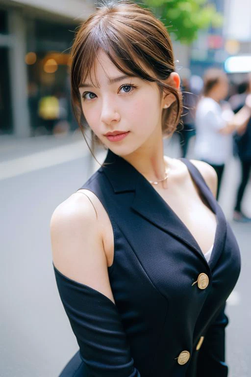 (photorealistic:1.8),
close up portrait of a woman, Ash blonde hair, A-line haircut, Blazer,
extremely detailed clothes,
as a fashion model, on the city street, random people, model shot as for Instagram post