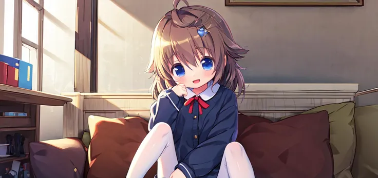 {{best quality, amazing quality, very aesthetic, absurdres,realistic,reverse light,golden light,sunlight,}},qiandaolizi,1girl,solo,kawaii,
shirt,sitting,blush,
indoors,face_focus,
swinging legs,<lora:qiandaolizi_v2.0-000014:0.7>,kind_smile,open mouth,head tilt,moody lighting,wide_shot,front view,, (masterpiece, best quality,:1.2)