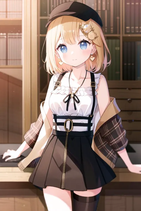 best quality, intricate details,
<lora:ameliaWatsonHololive_v2AllOutfits:0.8> amelia watson, monocle hair ornament,, thighhighs, amelia_casual, frilled shirt, collarbone, black skirt, pantyhose, (amelia_casual accesories:0) suspender skirt, zipper pull tab, brown headwear, plaid jacket, heart earrings, key necklace,