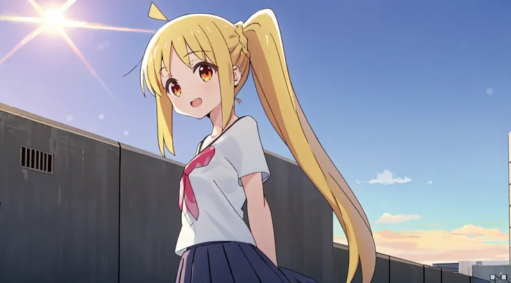 1girl,nijika,ijichi nijika,bocchi the rock!,
long hair,side ponytail,orange eyes,blonde hair,ahoge,open mouth,kind_smile,smile,small breasts,white t-shirt,grey skirt,arms behind back,bare shoulders,
sun,sky background,looking at viewer,outdoors,
{{best quality, amazing quality, very aesthetic, absurdres,realistic,reverse light,golden light,sunlight,}},very aesthetic,absurdres,<lora:eft_bocchi_yellow:1>,hair is illuminated,hair drifting,hair,backlighting,hair is brightened,