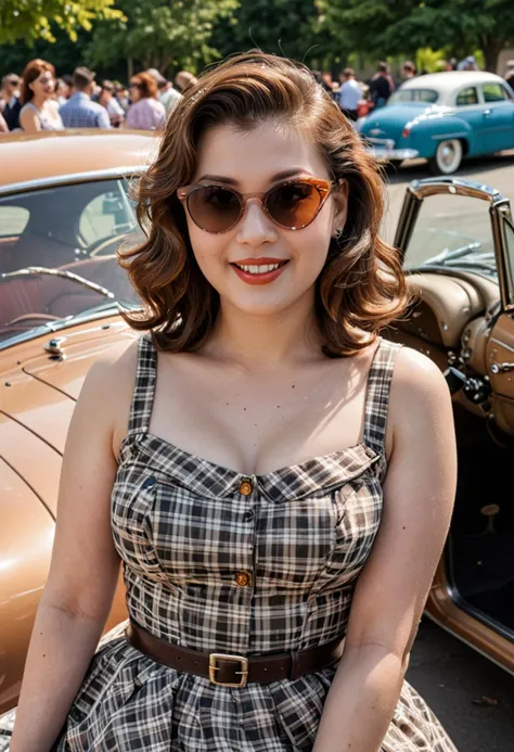 (medium full shot) of (classic rockabilly) young woman, voluptuous build, short brown wavy down hair, korean, fair skin, light brown eyes, wearing a checkered tea-length dress , vintage sneakers, eyeliner, cat-eye sunglasses leather belt, set in a classic car show, with polished vintage cars, stylish attendees, retro music, vibrant atmosphere, and chic seating areas, during sunset, woman smiling, detailed face, ,Masterpiece,best quality, photo, realistic, very aesthetic,