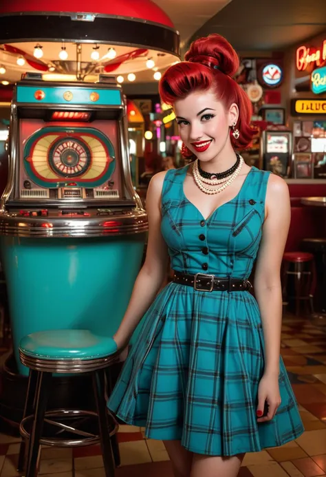 (medium full shot) of (iconic rockabilly) young woman, slim build, long red bun hair, french, tan skin, hazel eyes, wearing a teal checkered dress , vintage sneakers, black mascara, leather belt pearl necklace, set in a vibrant jukebox setting, with bold colors, retro furniture, lively crowd, modern lighting, and dynamic decorations, woman smiling, ,Masterpiece,best quality, raw photo, realistic, very aesthetic, dark