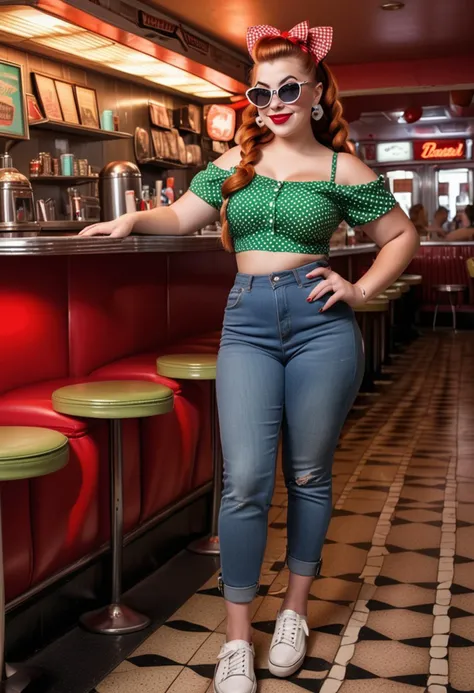 (medium full shot) of (chic rockabilly) young woman, voluptuous build, extra long ginger double braids hair, native american, tan skin, olive green eyes, wearing a polka dot off-shoulder top, high-waisted jeans, saddle shoes, black mascara, wearing a flower hair clip cat-eye sunglasses, set in a 1950s diner, with checkered floors, red vinyl booths, neon lights, vintage jukebox, and classic bar stools, at night, woman smiling, ,Masterpiece,best quality, raw photo, realistic, very aesthetic