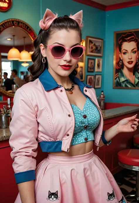 (medium full shot) of (iconic rockabilly) young woman, lithe build, long dark french braid hair, italian, tan skin, blue eyes, wearing a pastel pink cropped jacket, circle skirt with bold prints, patent leather pumps, red lipstick, chunky bangles cat-eye sunglasses, set in  a vibrant dance hall, with bold colors, retro furnishings, lively atmosphere, modern bar area, and dynamic decorations, during sunset, woman smiling, ,Masterpiece,best quality, photo, realistic, very aesthetic, detailed face,