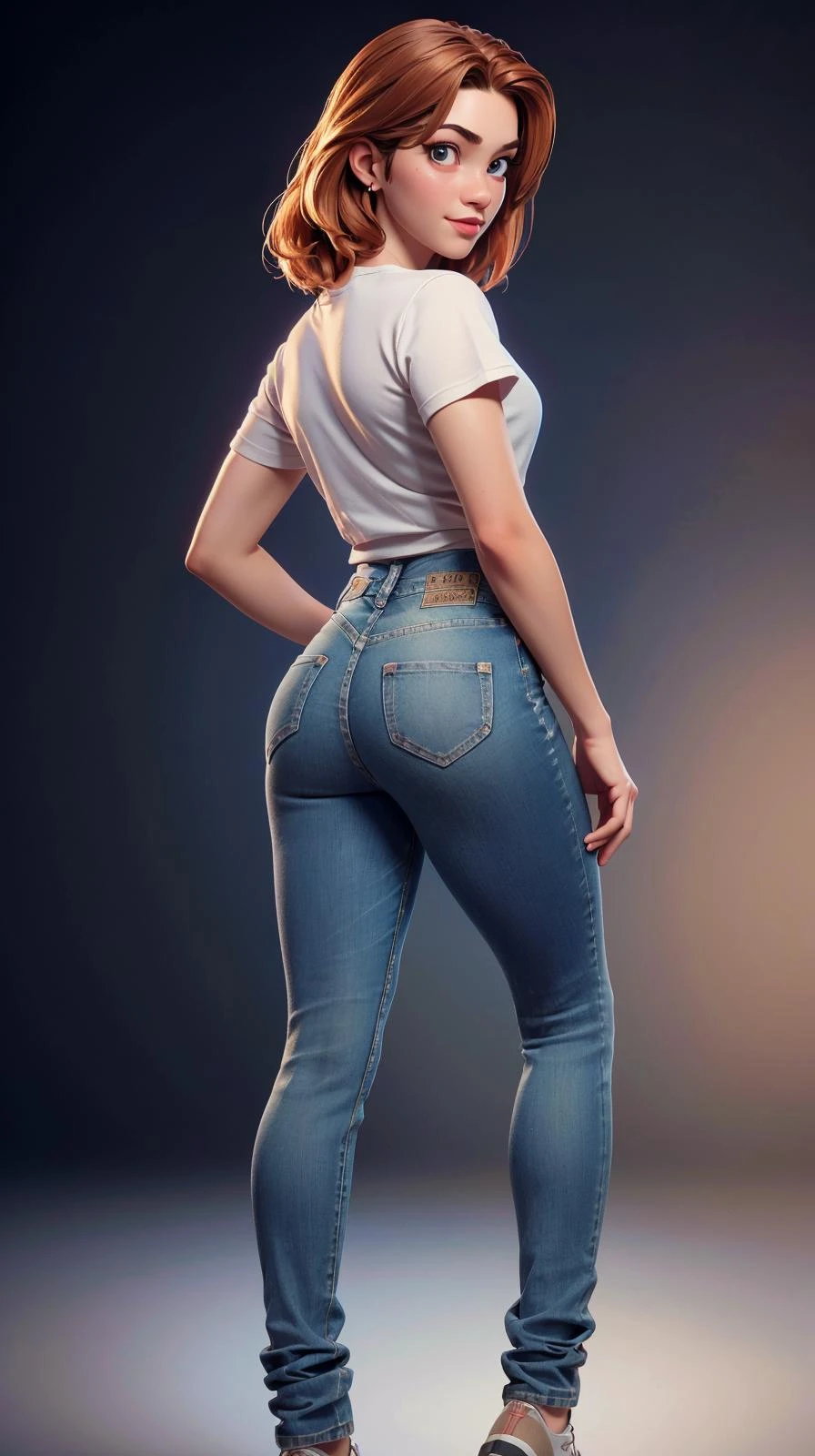 photo of nichameleon <lora:nichameleon:0.8>, full body, posing, from behind, looking over shoulder, tight jeans, tshirt (RAW photo:1.2), (photorealistic:1.4), (masterpiece:1.4), (best quality:1.4), ultra high res, ((detailed facial features)), HDR, 8k resolution, upper body, \(nikke\), (masterpiece:1.4), (best quality:1.4), (shiny skin), <lora:3DMM_V12:0.7>