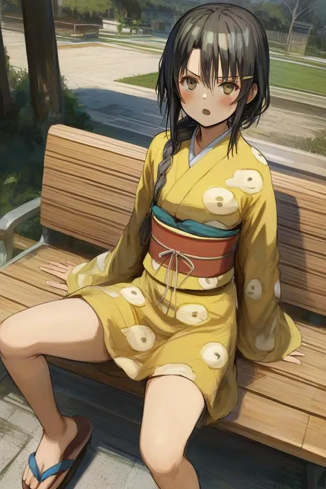 score_9, score_8_up, score_7_up, rating_safe BREAK
1girl, solo, looking at viewer, (suspicious:1.2), blush, braided ponytail, open mouth, blackhair, print yellow yukata, brown eyes, foreshortening, sitting, thighs, zouri, sandals, outdoors, sash, japanese clothes, hairclip, bench, leg up, feet, from above