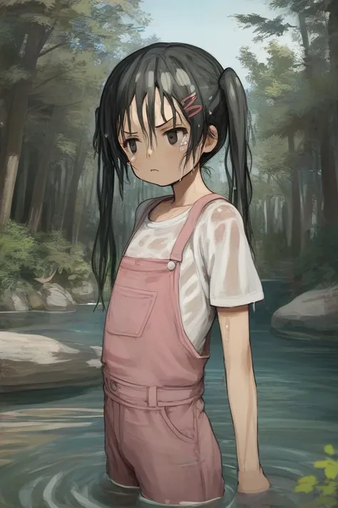 score_9, score_8_up, score_7_up, rating_safe BREAK
1girl, (:t), pout, tearing up, black eyes, black hair, twintails, hairclip, flat chest, white t-shirt, pink overalls, forest, river, partially submerged, (wet, wet clothes, wet shirt, dripping)