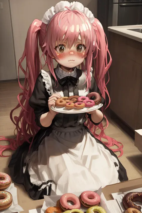 (masterpiece, best quality:1.2),
1girl, :t, (full-face blush:1.2), (puffy cheeks), looking at viewer, long hair, pink hair, brown eyes BREAK
black dress, maid dress, flat chest, sitting, on floor
BREAK eating, cookie, from above, kitchen