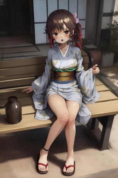 (masterpiece, best quality:1.2),
1girl, solo, looking at viewer, <lora:Concept\hotarueye_jitome1_v100:1.0>, blush, braided ponytail, open mouth, red hair, brown eyes BREAK
print yellow yukata, thighs, zouri, sandals, sash, japanese clothes, hairclip BREAK
sitting, bench, leg up, from above, outdoors