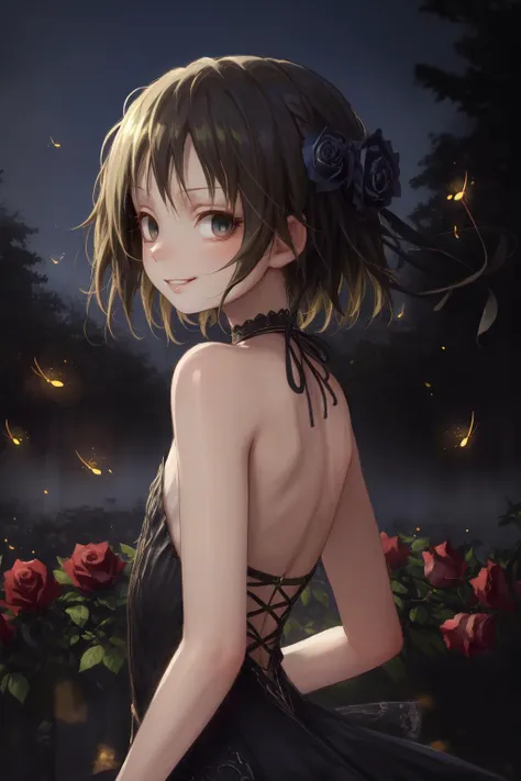 (masterpiece, best quality:1.2),
1girl, solo, (cute, petite:1.2), dark theme, dark, upper body, side face, grin, parted lips BREAK
(looking back, back focus), floating hair, black dress, bare shoulders,(delicate and beautiful eyes), flat chest, gothic fashion BREAK
(roses:1.2), fog, (fireflies), underlighting, bokeh, blurry background, strong visual impact, film lighting, from side