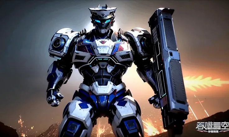 a robot with a gun in his hand and a helmet on his head, standing in front of a dark background, (autobot:0.519), (glowing:0.925), (glowing eyes:0.706), (holding:0.734), (holding sword:0.724), (holding weapon:0.847), (huge weapon:0.655), (machinery:0.612), (mecha:0.997), (no humans:0.527), (realistic:0.626), (robot:0.576), (science fiction:0.893), (shield:0.507), (solo:0.607), (sword:0.766), (weapon:0.921)