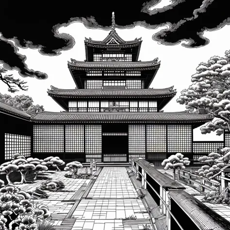 a japanese castle, no people usagiyojimbostyle <lora:Usagi_Yojimbo_v5-000050:0.8>
