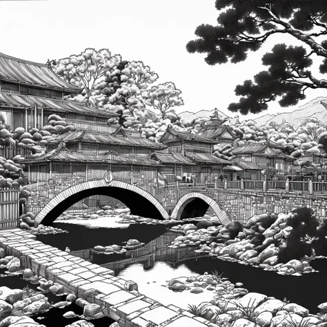 a stone bridge with one arch, no people usagiyojimbostyle <lora:Usagi_Yojimbo_v5-000050:0.8>