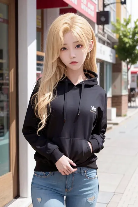 wxiaojia, blonde, woman, urban, streets, (day:1.1), RAW,(8k, best quality, masterpiece:1.2),(intricate details:1.4),(photorealistic:1.4),octane render, complex 3d render ultra detailed, studio soft light, rim light, vibrant details, ultra detailed, realistic skin texture, detailed face, beautiful detailed eyes, extremely detailed CG unity 8k wallpaper, makeup, (detailed background:1.2), (cowboy shot:1.2),(hip),(perfect anatomy:1.2),(black hoodie, long jeans:1.2), <lora:wxiaojia-v1:1>