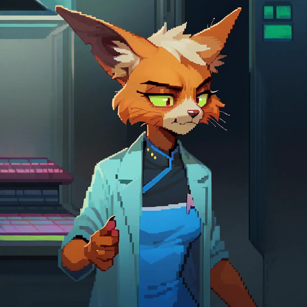 score_9, score_8_up, score_7_up, <lora:t4n4_epoch_10:1> t4n4,1girl,furry, portrait, lab coat, <lora:pixel:1> pixelart,pixel