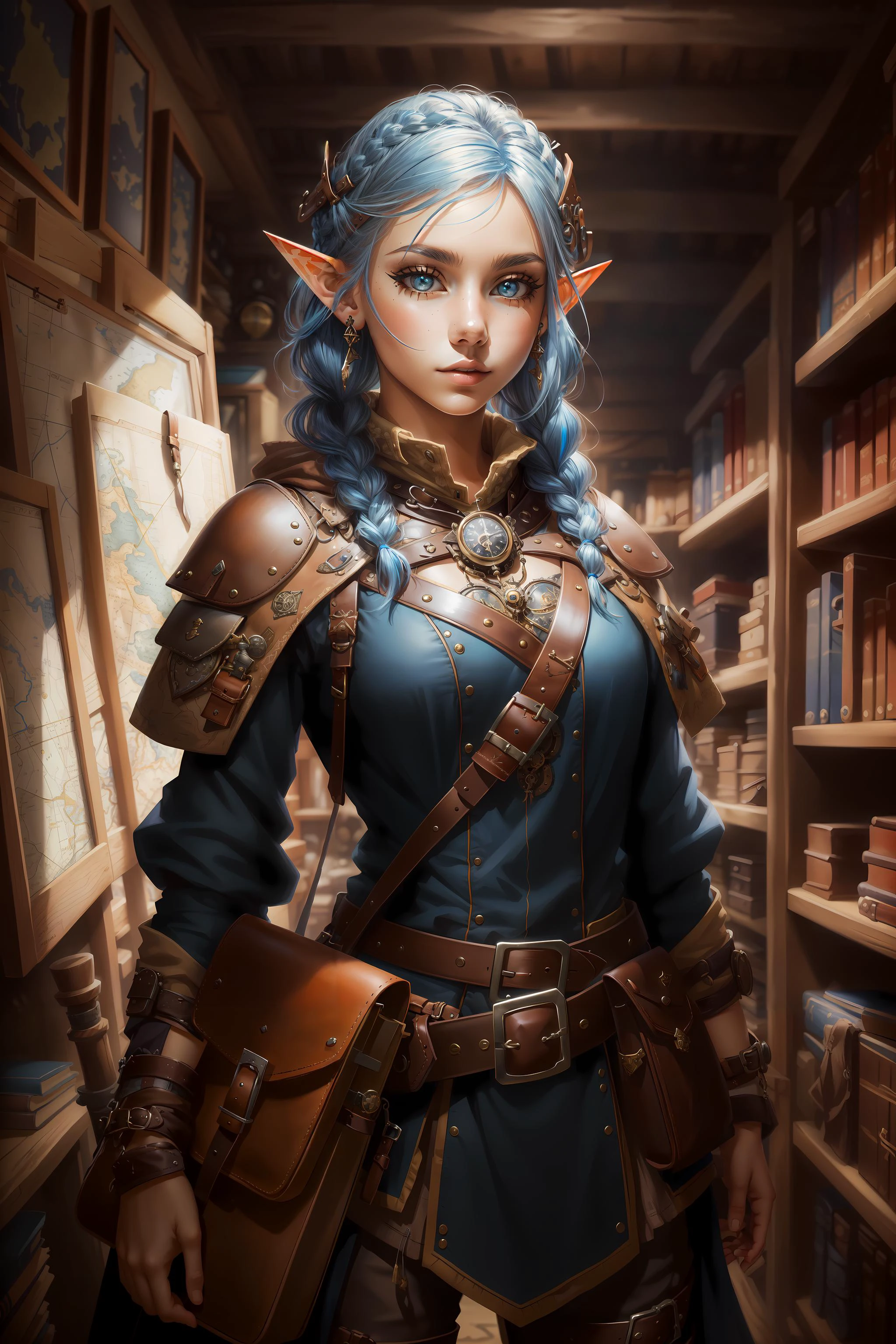 (masterpiece, best quality), intricate details,
1girl, <lora:RPGGnome:0.8> rpggnome, rogue, leather clothes, bandolier, quiver, braids, blue hair, long hair, side shave, steampunk, adventurer, satchel, map, compass, telescope,
warlock, black eyeliner, mechanical,
