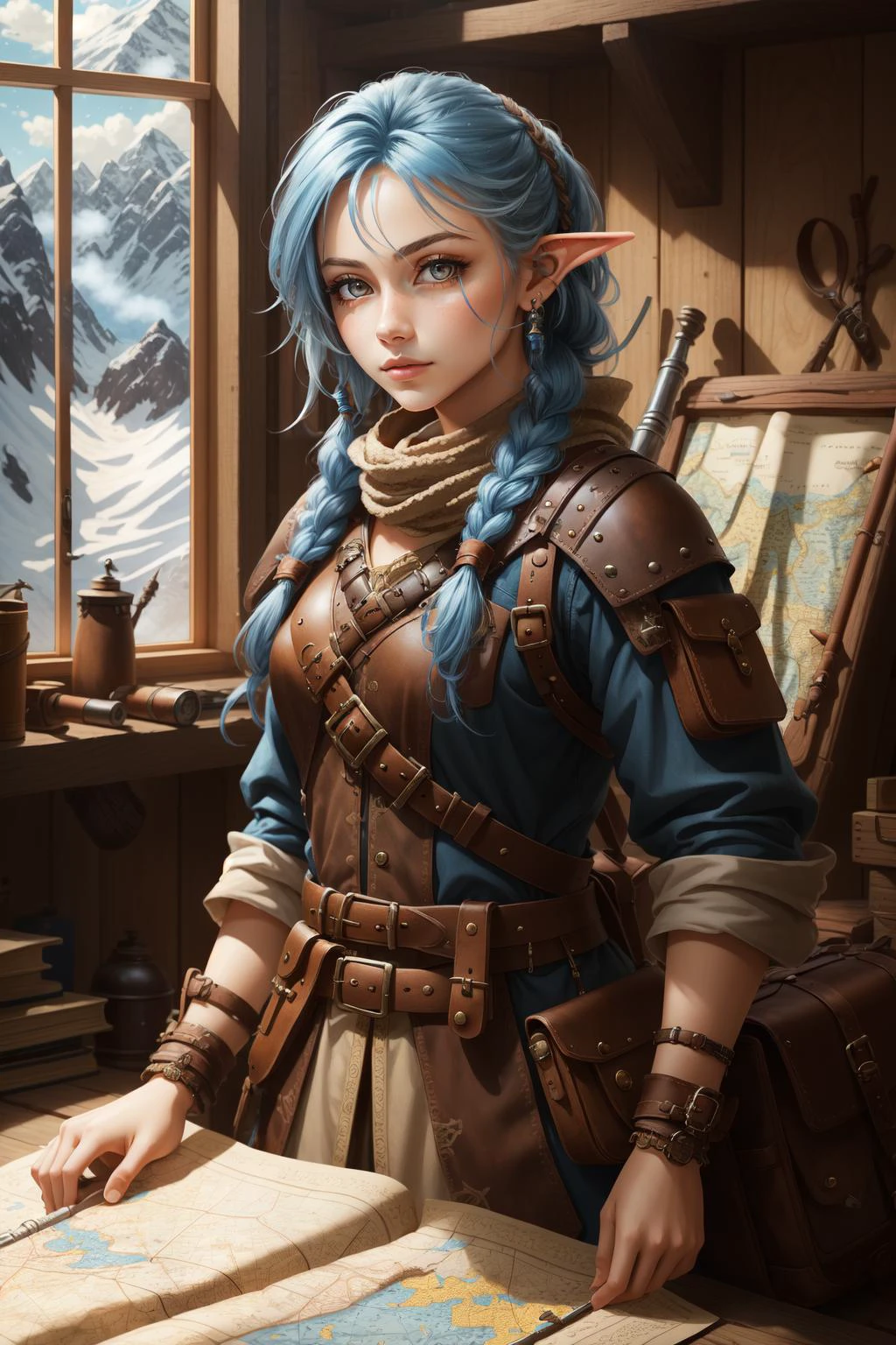 (masterpiece, best quality), intricate details,
1girl, <lora:RPGGnome:0.8> rpggnome, rogue, leather clothes, bandolier, quiver, braids, blue hair, long hair, side shave, steampunk, adventurer, satchel, map, compass, telescope,