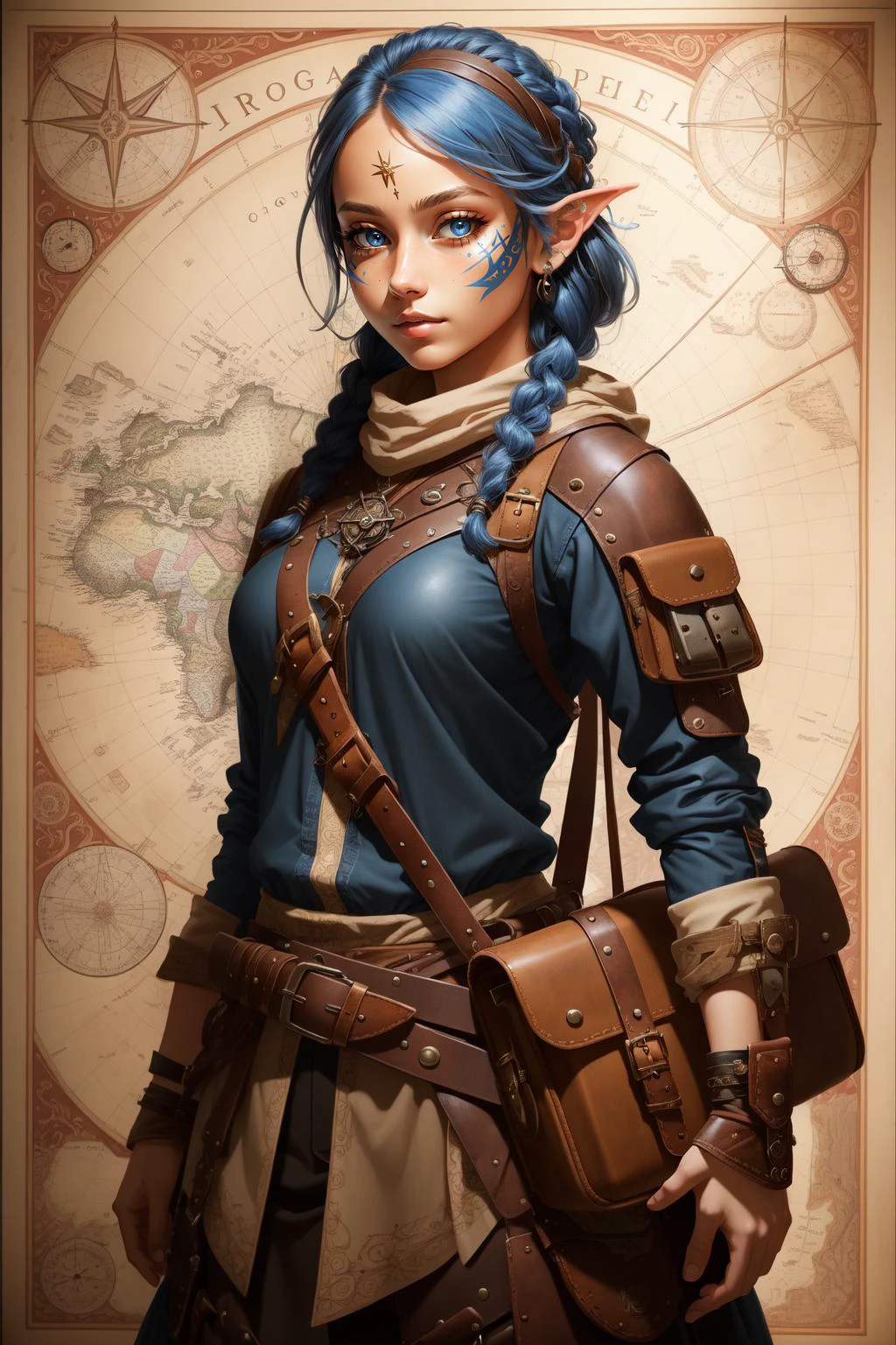 (masterpiece, best quality), intricate details,
1girl, <lora:RPGGnome:0.8> rpggnome, rogue, leather clothes, bandolier, quiver, braids, facial marks,blue skin, steampunk, adventurer, satchel, map, compass, telescope,