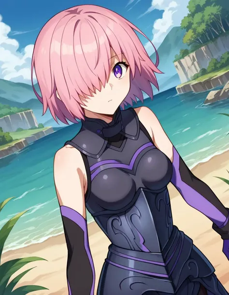 score_9, score_8_up, score_7_up, source_anime,
mashkyrielight, <lora:mash-kyrielight-ponyxl-lora-nochekaiser:1>,
mash kyrielight, short hair, purple eyes, pink hair, hair over one eye,
gloves, bare shoulders, elbow gloves, armor, black armor,
outdoors, dessert, oasis,
looking at viewer, cowboy shot, dutch angle, dynamic pose,