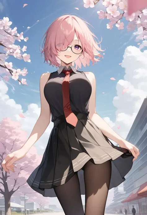 score_9, score_8_up, score_7_up, score_6_up,
<lora:Expressive_H:1.0>, uncensored,
1girl, <lora:mash-kyrielight-ponyxl-lora-nochekaiser:1>, mash kyrielight, short hair, purple eyes, pink hair, (hair over one eye:1.2), large breasts,
glasses,
collared shirt, (white collar:1.1), black shirt, necktie, red necktie, sleeveless, off shoulder, miniskirt, black skirt, (black pantyhose:1.2),
looking at viewer,
outdoors, park, city, day, cherry blossoms, Cherry blossom leaves dancing, sunlight filtering through the trees,
cowboy shot, dutch angle, from below,
standing, skirt lift,
balloon, blue sky, cloud
floating, floating hair, confetti, falling petals, wind, flower,
smile, happy, eye focus,
front view,
masterpiece, best quality,