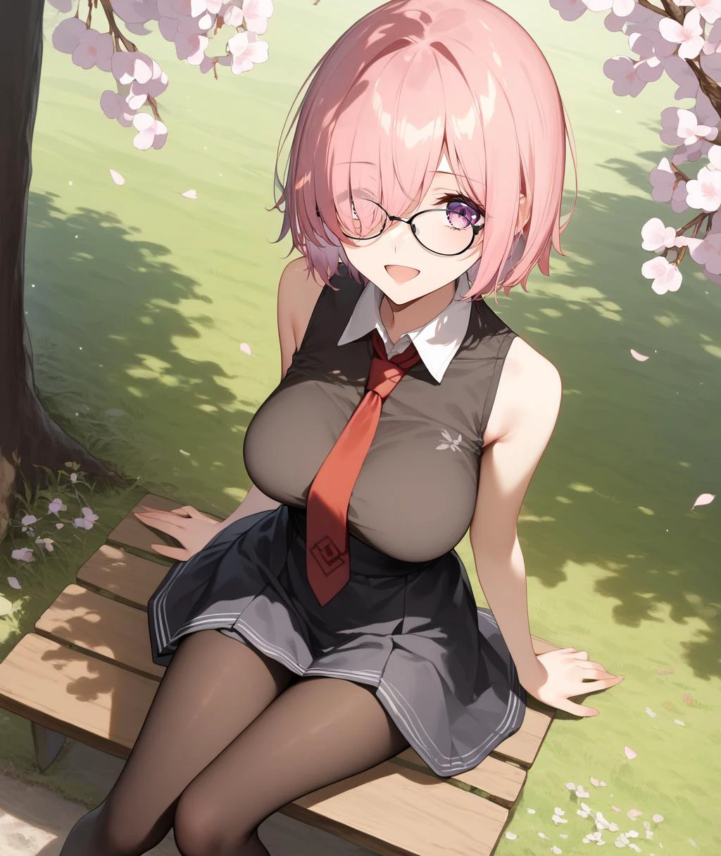 score_9, score_8_up, score_7_up, score_6_up,
<lora:Expressive_H:1.0>, uncensored,
1girl, <lora:mash-kyrielight-ponyxl-lora-nochekaiser:1>, mash kyrielight, short hair, purple eyes, pink hair, (hair over one eye:1.2), large breasts,
glasses,
collared shirt, (white collar:1.1), black shirt, necktie, red necktie, sleeveless, off shoulder, miniskirt, black skirt, (black pantyhose:1.2),
looking at viewer, solo,
dating, picnic, (lunchbox:1.1), seat, on seat,
outdoors, park, on grass, tree, cherry blossoms, Cherry blossom leaves dancing, sunlight filtering through the trees,
sitting, wariza, hand between legs,
(dutch angle), (from above:1.1),
against tree,
smile, open mouth,
masterpiece, best quality,