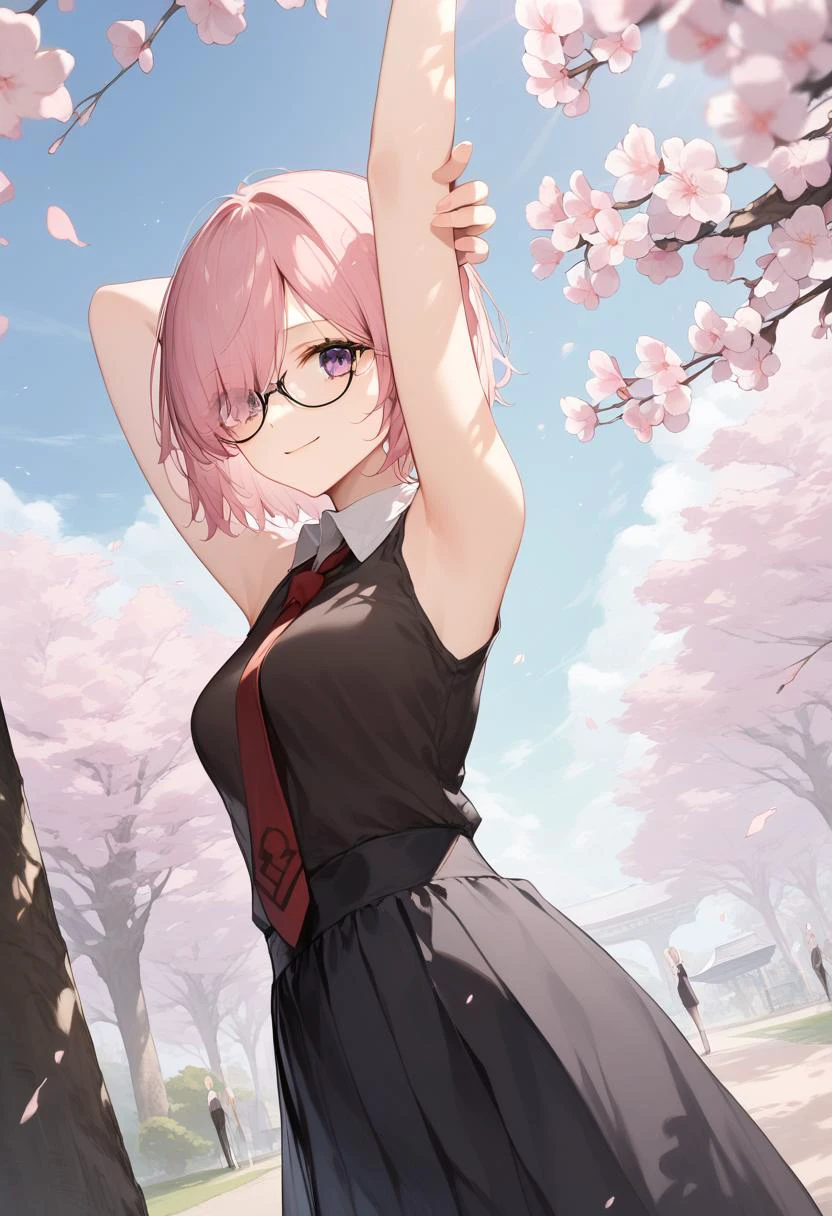 score_9, score_8_up, score_7_up, score_6_up,
<lora:Expressive_H:1.0>, uncensored,
1girl, <lora:mash-kyrielight-ponyxl-lora-nochekaiser:1>, mash kyrielight, short hair, purple eyes, pink hair, hair over one eye,
glasses, shirt, collared shirt, white collar, black shirt, necktie, red necktie, sleeveless, off shoulder, black skirt, miniskirt, (black pantyhose), (white collar),
looking at viewer,
outdoors, park, city, day, cherry blossoms, Cherry blossom leaves dancing, sunlight filtering through the trees,
standing, hand in own hair, (stretching:1.2),
from below, (dutch angle:1.2),
against tree,
smile, closed mouth, upper body,
masterpiece, best quality,