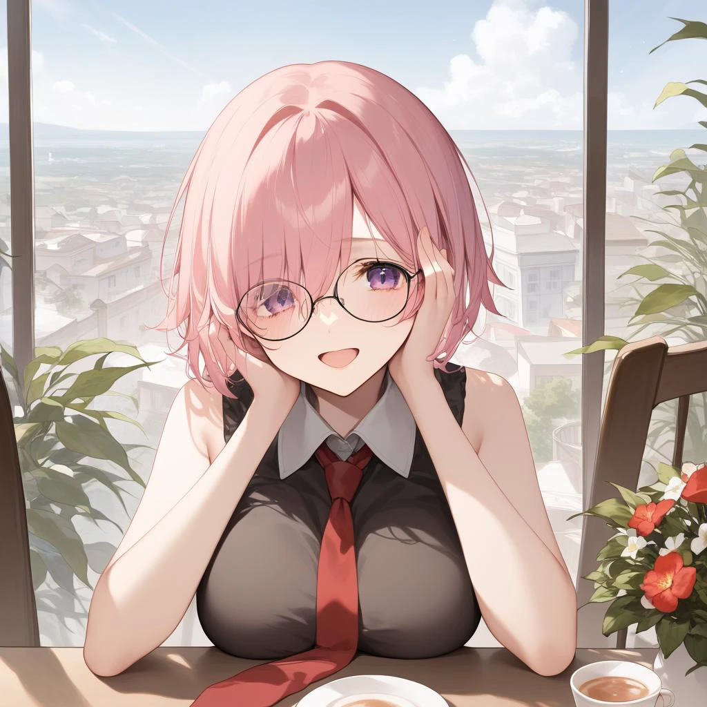 score_9, score_8_up, score_7_up, score_6_up,
<lora:Expressive_H:1.0>, uncensored,
1girl, <lora:mash-kyrielight-ponyxl-lora-nochekaiser:1>, mash kyrielight, short hair, purple eyes, pink hair, hair over one eye, large breasts,
glasses,
collared shirt, (white collar:1.1), black shirt, necktie, red necktie, sleeveless, off shoulder, miniskirt, black skirt,
day, city, cafe, window, street, Terrace seats,chair, table, outdoors,
cafe with cute atmosphere, flower, Foliage plant,
tea time, tea cup, strawberry shortcake, latte art,
sitting,
hand on own face,
upper body, pov,
smile, open mouth, half-closed eyes, (nose blush:1.2), looking at viewer,
from above,
masterpiece, best quality,