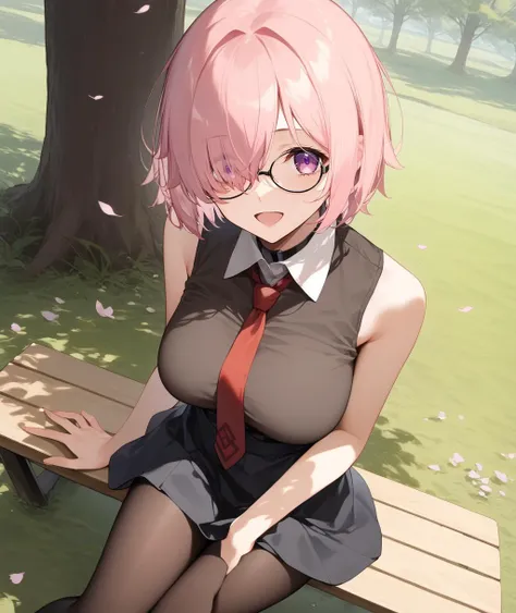score_9, score_8_up, score_7_up, score_6_up,
<lora:Expressive_H:1.0>, uncensored,
1girl, <lora:mash-kyrielight-ponyxl-lora-nochekaiser:1>, mash kyrielight, short hair, purple eyes, pink hair, (hair over one eye:1.2), large breasts,
glasses,
collared shirt, (white collar:1.1), black shirt, necktie, red necktie, sleeveless, off shoulder, miniskirt, black skirt, (black pantyhose:1.2),
looking at viewer, solo,
dating, picnic, (lunchbox:1.1), seat, on seat,
outdoors, park, on grass, tree, cherry blossoms, Cherry blossom leaves dancing, sunlight filtering through the trees,
sitting, wariza, hand between legs,
(dutch angle), (from above:1.1),
against tree,
smile, open mouth,
masterpiece, best quality,